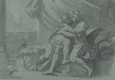 Umarmende Liebende in antiker Kleidung – eine Frau in antiker Kleidung, die aufblickt von Heinrich Friedrich Füger