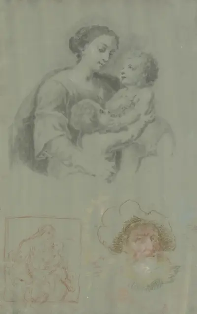 Studienblatt mit einer Madonna mit dem Kind und dem Johannesknaben, dazu ein bärtiger Mann mit Mütze von Heinrich Friedrich Füger