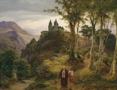 Romantische Landschaft mit Klosteranlage av Karl Friedrich Lessing