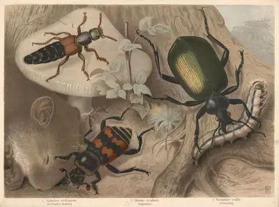 1. Staphylinus erythropterus. (Rothflügeliger Raubkäfer). 2. Calosoma sycophanta. (Puppenräuber). 3. Necrophorus vespillo. (Todtengräber), Friedrich Specht