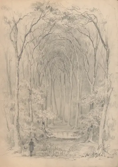 A man and a woman standing at the entrance to a trail through a forest av James Fuller Queen