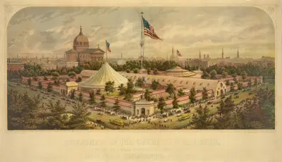 Gebäude der Great Central Fair, zugunsten der U.S. Sanitary Commission, Logan Square, Philadelphia, Juni 1864, 1864 – Nr. 1 von James Fuller Queen