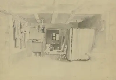 Bauernstube, rechts das Bett mit Vorhang, an der Wand hängt ein Paar Stiefel, links der Ofen, an der Wand hängen verschiedene Kleider av Jakob Fürchtegott Dielmann