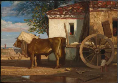 Oxen before a Farmhouse at Le Verrier von Alexandre-Gabriel Decamps