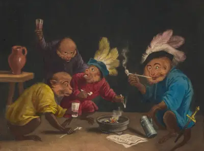 The Singerie [Four monkeys smoking pipes] von Alexandre-Gabriel Decamps