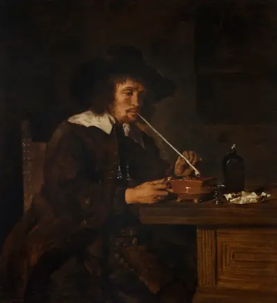 A smoker lighting his pipe, Gabriel Metsu