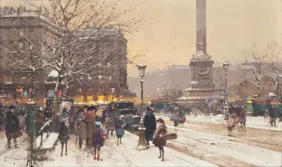 Postavy ve sněhu, Place de la Concorde, Paříž, Eugène Galien-Laloue