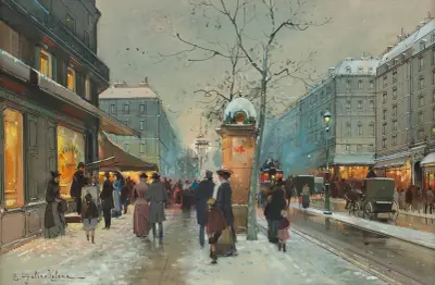 Grands Boulevards ve sněhu za soumraku, Eugène Galien-Laloue