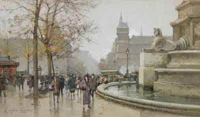 Palmová fontána na place du Châtelet, Eugène Galien-Laloue