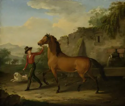 Ein Stallknecht führt einen Hengst vom Tränktrog weg von Johann Georg Pforr