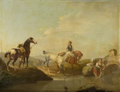 Ein Stallknecht führt zwei Pferde zum Wasser von Johann Georg Pforr