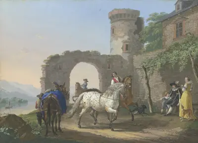 Ein Kavalier sitzt mit seiner Frau und seinem Sohn vor seinem Haus und lässt sich einen Schimmel vorführen von Johann Georg Pforr