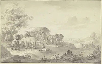 Ein mit Säcken beladener Lastwagen auf dem Feld unter einem Baum von Johann Georg Pforr