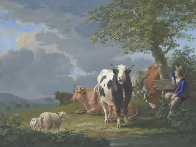 Hirte unter einem Baum mit seiner Rinderherde und zwei Schafen von Johann Georg Pforr