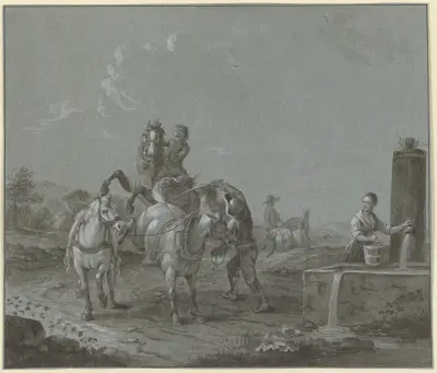 Knabe auf einem sich bäumenden Pferd, davor ein Knecht mit zwei Pferden, rechts eine junge Frau mit einem Eimer am Brunnen von Johann Georg Pforr