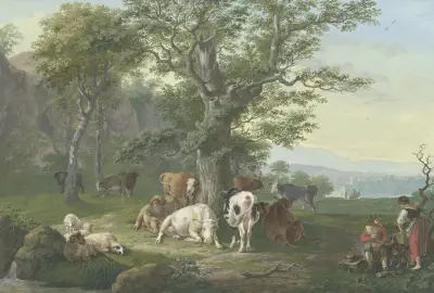 Lagernde Herde unter einer Eiche, rechts Hirte und Hirtin bei der Mahlzeit und Ausblick in die Ferne von Johann Georg Pforr
