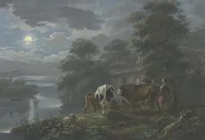 Mondscheinlandschaft an einem Fluss, Hirte und Hirtin treiben das Vieh zum Hof von Johann Georg Pforr