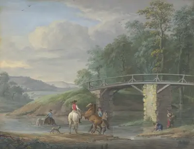 Pferde in der Schwemme bei einer Brücke, rechts zwei Wäscherinnen von Johann Georg Pforr