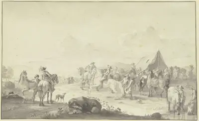 Pferdemarkt mit einem Marketenderzelt, im Vordergrund wird ein Pferd getränkt von Johann Georg Pforr