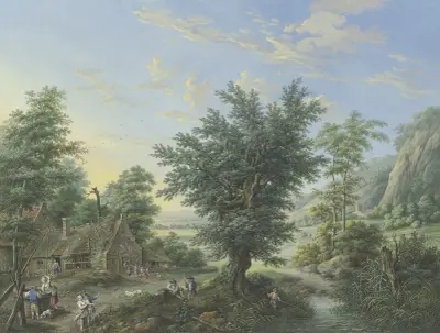 Weite Landschaft mit Bäumen, Wiesen und Dörfern von Johann Georg Pforr
