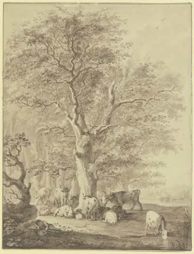 Rinderherde mit zwei Schafen und dem Hirten unter einer Eiche rastend von Johann Georg Pforr