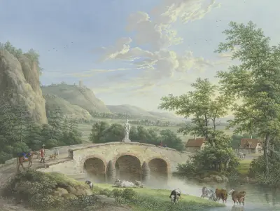Tallandschaft mit einer steinernen Brücke, auf deren Brüstung eine antike Skulptur aufgestellt ist von Johann Georg Pforr