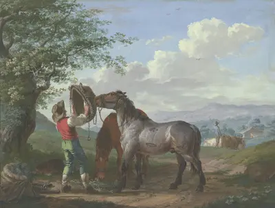 Zwei Pferde auf dem Felde unter einem Baum von Johann Georg Pforr