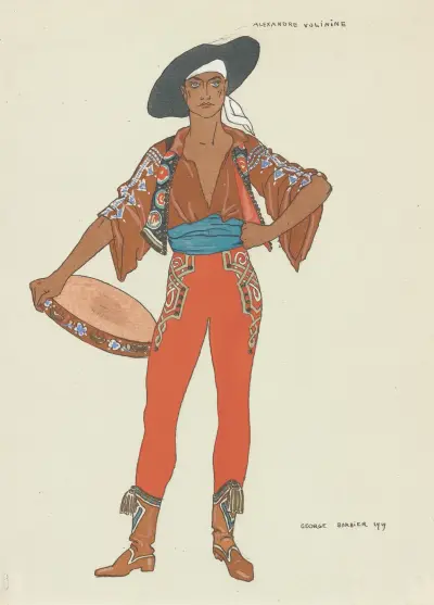Costume design drawing for Alexandre Volinine as le Bohémien in Amarylla, Ballet de Glazounow, George Barbier