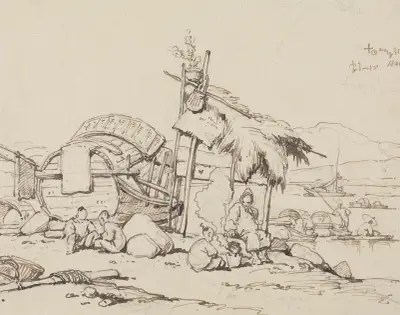 Old Man and Children Seated, Cooking, George Chinnery
