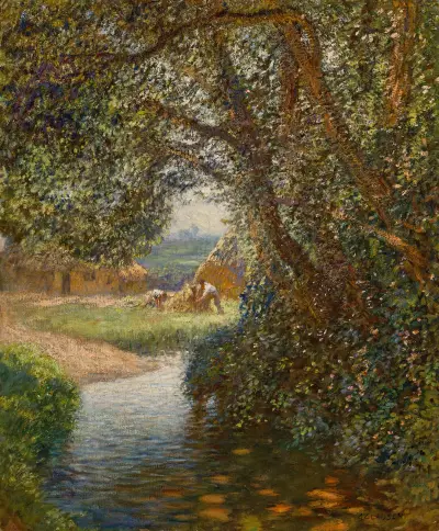 Haymakers by the stream av Sir George Clausen
