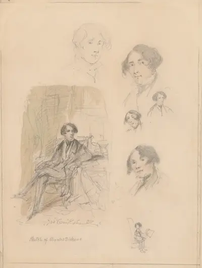 Charles Dickens; 7 original pencil sketches av George Cruikshank