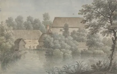 A Village Pond with Farm Buildings av George Lambert