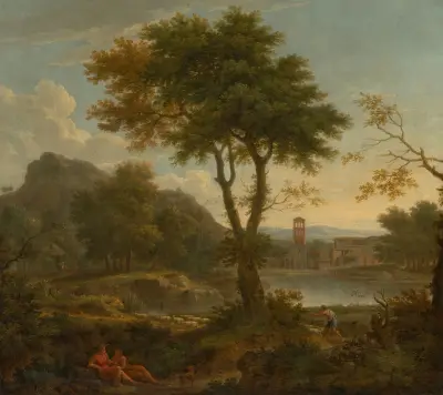 Italianate landscape with a shepherd and other figures, a lake and a monastery behind av George Lambert