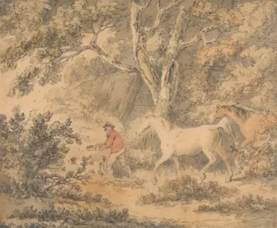 Landscape with Horses, Farmer and Dog av George Morland