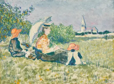 Madame Lemmen et ses enfants dans un jardin av Georges Lemmen