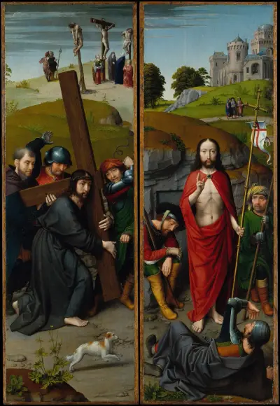 Christ Carrying the Cross, with the Crucifixion; The Resurrection, with the Pilgrims of Emmaus av Gerard David