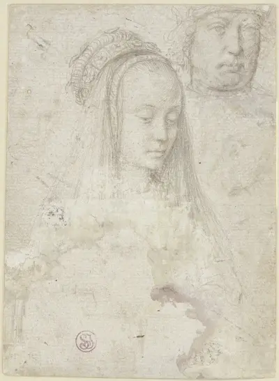 Skizzenbuchblatt mit den Köpfen einer jungen Frau und von vier Männern sowie Skizze einer Stadtsilhouette av Gerard David