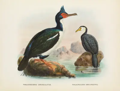 Phalacrocorax carunculatas [onslowi] and Phalacrocorax brevirostris av John Gerrard Keulemans
