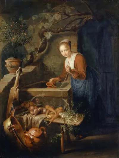 Kitchen Maid At The Well av Gerrit Dou