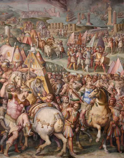The emperor Massimiliano lifts the siege from Livorno av Giorgio Vasari