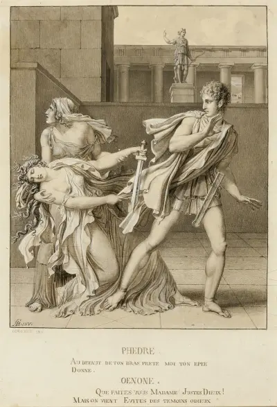 Faedra, poté co vyznala svou vášeň, se pokouší zabít mečem Hippolytovým, Anne Louis Girodet-Trioson