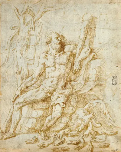 Hercules Resting after Killing the Hydra av Giulio Romano