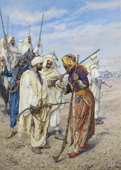 Bedouins preparing a raiding party av Giulio Rosati