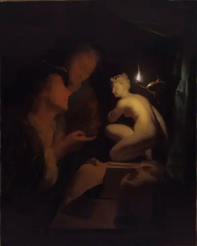 Young Man and Woman Studying a Statue of Venus, by Lamplight av Godfried Schalcken