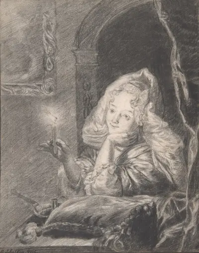 Young Woman Seated at a Table, Holding a Candle late av Godfried Schalcken