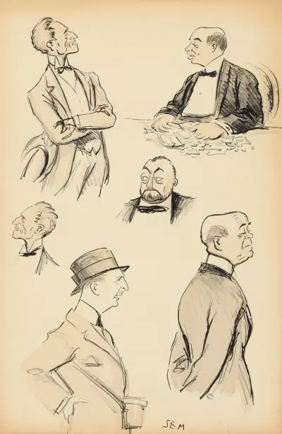 6 croquis ; têtes ou bustes de cinq messieurs av Georges Goursat (Sem)