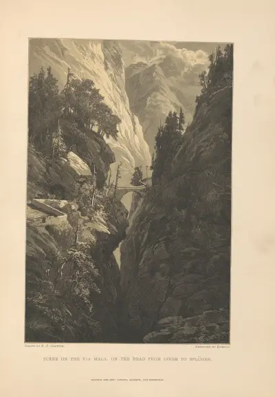 E. T. Compton – Scene on the Via Mala, on the Road from Coire to Spliigen av Theodor Gsell Fels