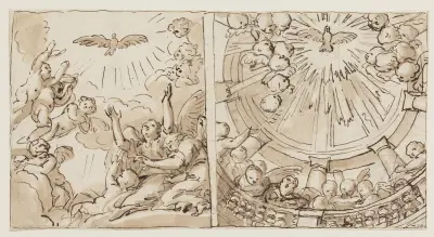 To scener med engle, der omgiver og tilbeder Helligåndsduen, der i det ene tilfælde daler ned mellem skyer, i det andet fra en kuppel, båret af søjler av Guido Reni
