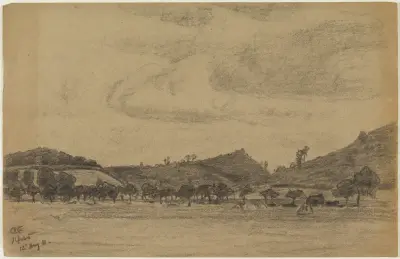 Hügelige Landschaft mit Baumreihe av Gustav Kampmann