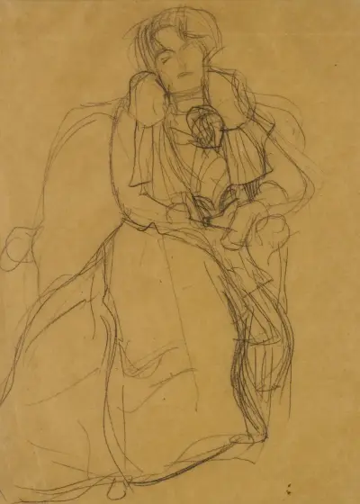 Im Lehnstuhl sitzend von vorne (Seated in an Armchair Seen Head-On) av Gustav Klimt